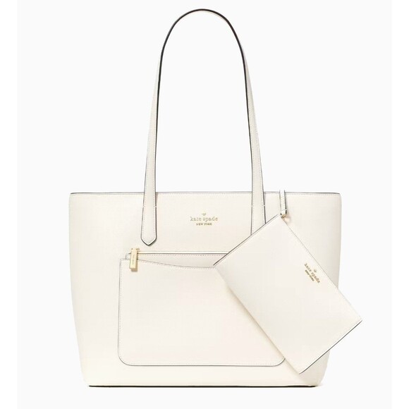 New Kate Spade Staci Tote And Wristlet 3 Piece Set Saffiano Meringue - Picture 2 of 5